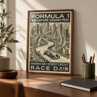 Night Street Circuit Poster, a small A4 framed print leaning on a walnut desk
