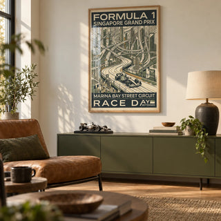 Night Street Circuit Poster, framed on the wall of a small dedicated race-watching den in a UK home with a cream wall and warm oak floor in a living room