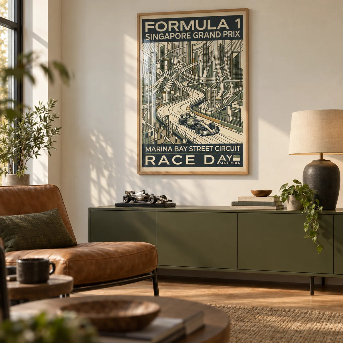 Night Street Circuit Poster, framed on the wall of a small dedicated race-watching den in a UK home with a cream wall and warm oak floor in a living room