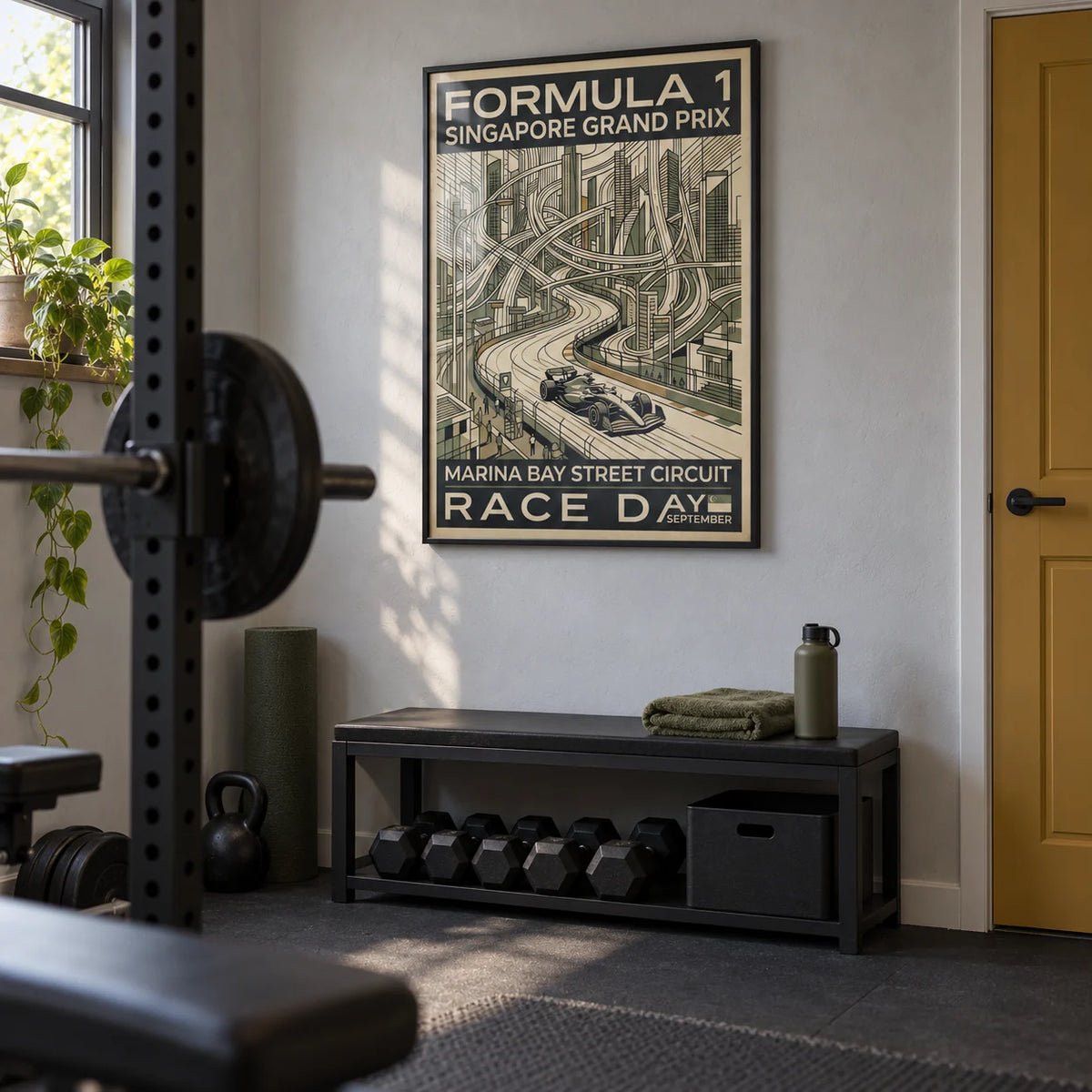 Night Street Circuit Poster, framed on the wall of a tidy converted garage home gym in a UK semi-detached house with a pale grey plaster wall and plain charcoal rubber floor