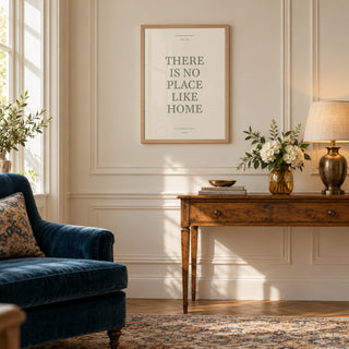 No Place Like Home in a townhouse sitting room, natural wood frame