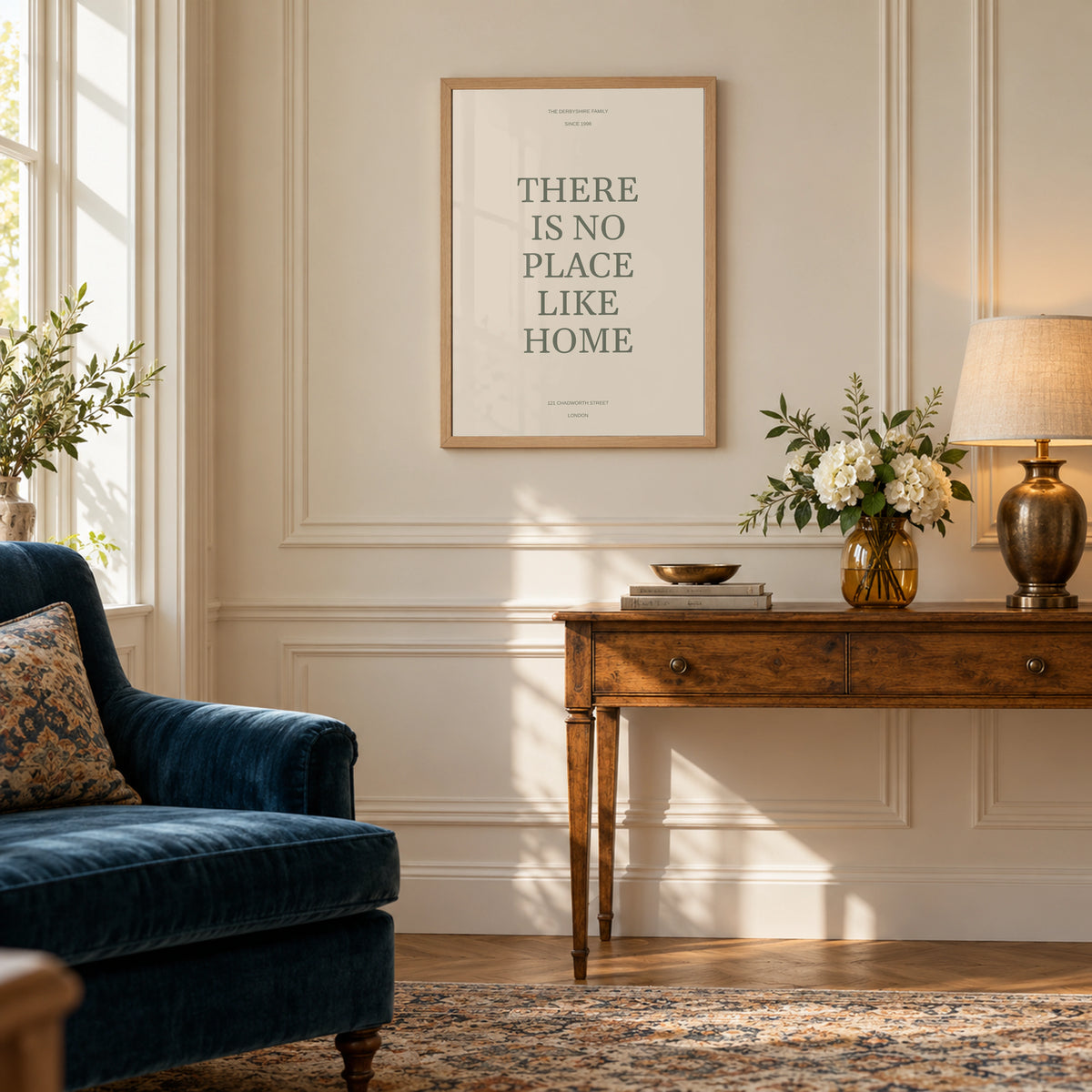 No Place Like Home in a townhouse sitting room, natural wood frame