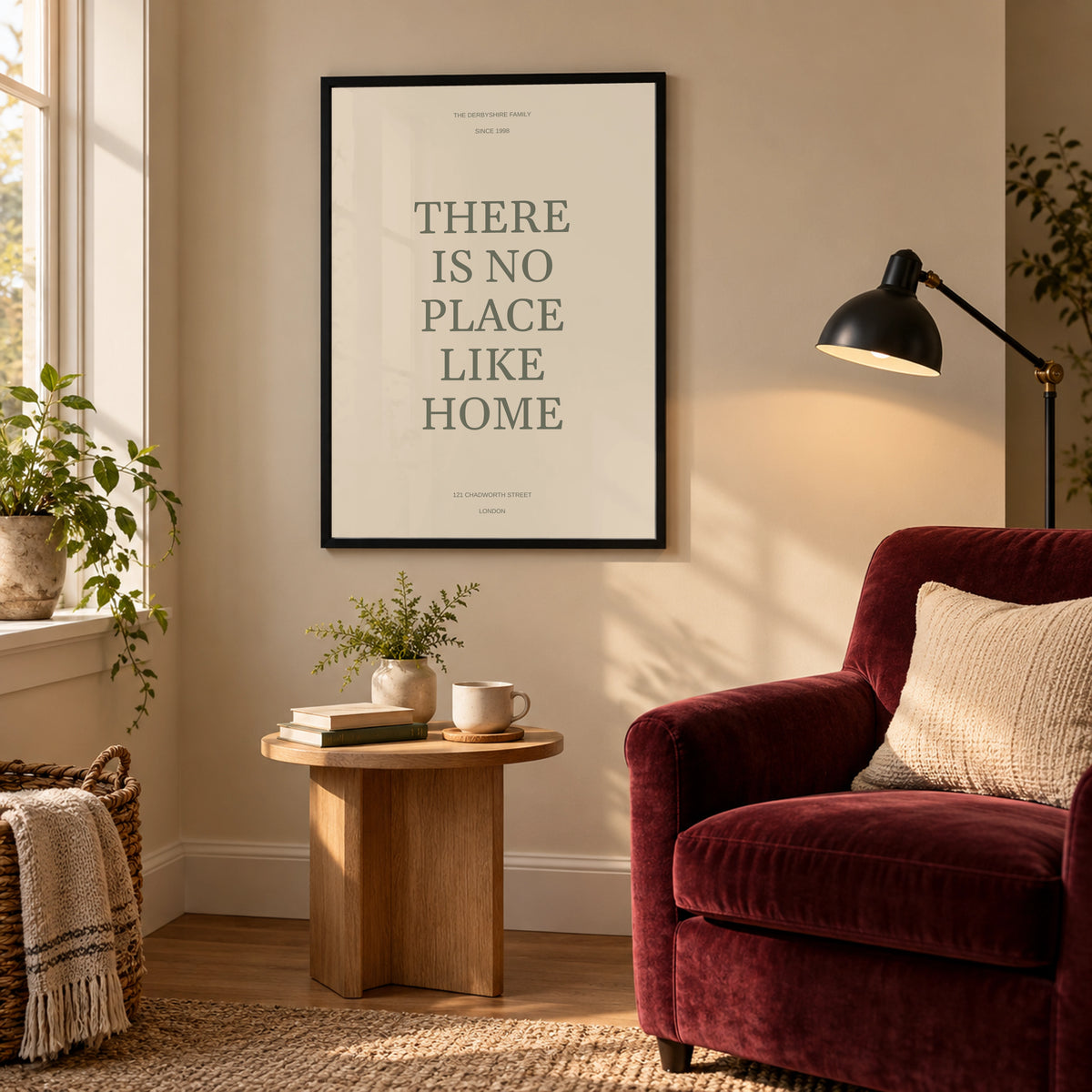 No Place Like Home in a warm reading corner, black frame