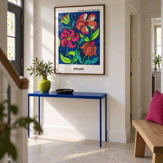 Nocturnal Floral Art Print, framed on the wall of a compact contemporary hallway in a UK terraced home with a soft white wall and pale stone floor