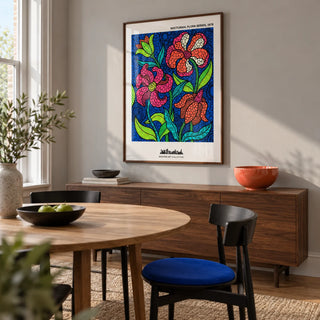 Nocturnal Floral Art Print, framed on the wall of a contemporary dining room in a renovated UK terrace with pale grey plaster walls