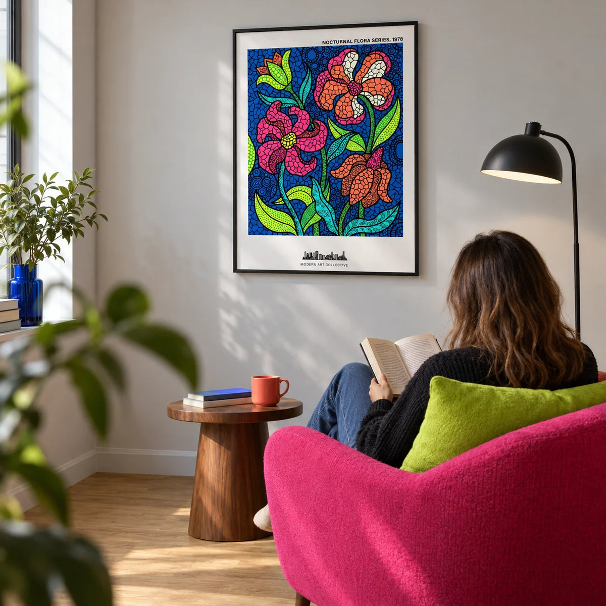 Nocturnal Floral Art Print, framed on the wall of a design-led reading corner with a pale grey wall and a simple black floor lamp in a living room