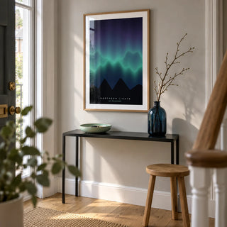 Nordic Wall Art, framed on the wall of a bright entrance hallway in a UK terrace with pale grey walls and oak floorboards
