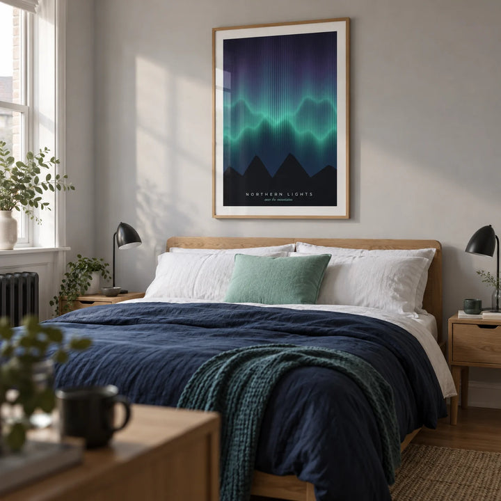Nordic Wall Art, framed on the wall of a calm contemporary bedroom in a terraced home with a pale grey wall