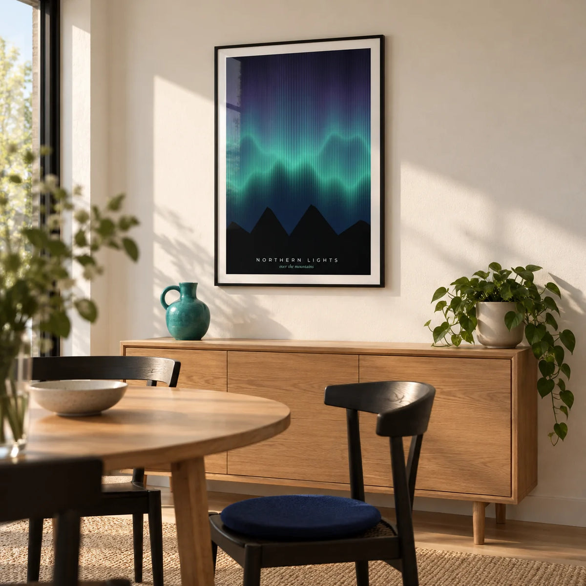 Nordic Wall Art, framed on the wall of a modern dining nook in a first home for a couple aged 25-35 with a warm white wall
