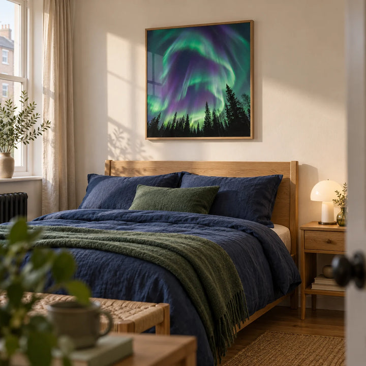 Northern Lights Art Print, framed on the wall of a calm Scandi bedroom in a UK terraced home with a warm white wall and oak furniture