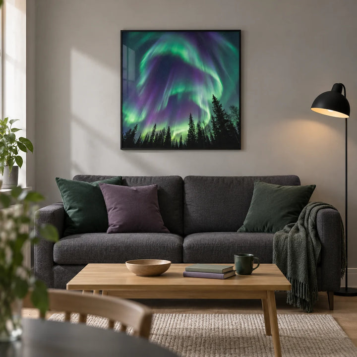 Northern Lights Art Print, framed on the wall of a contemporary living room in a UK first flat (25-35) with a soft grey wall and pale oak floor