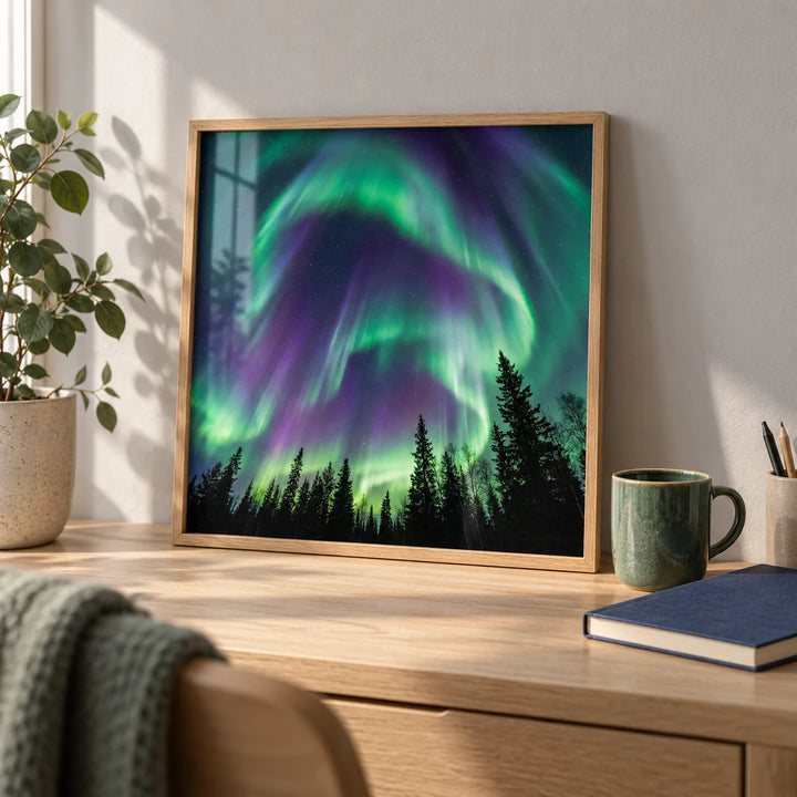 Northern Lights Art Print, a small A4 framed print leaning on a pale oak writing desk