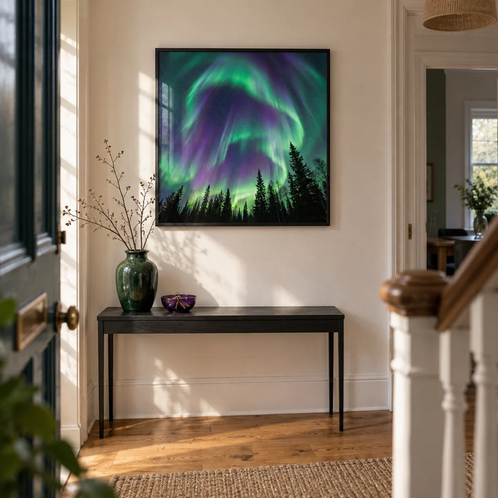 Northern Lights Art Print, framed on the wall of a welcoming hallway in a UK terraced house with a warm white wall