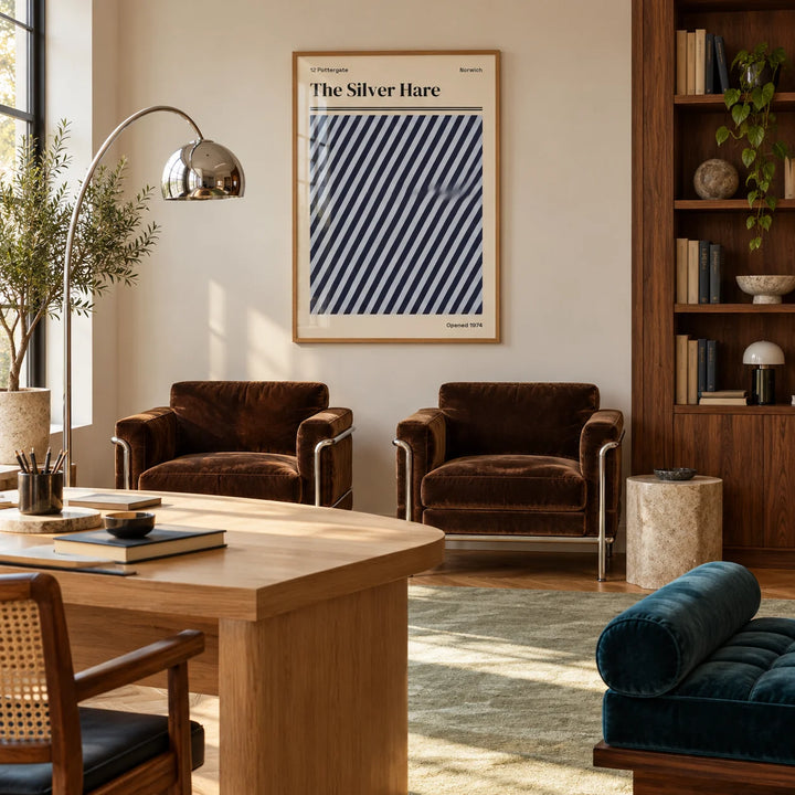 Norwich Print, framed on the wall of a calm design studio office with a pale wall