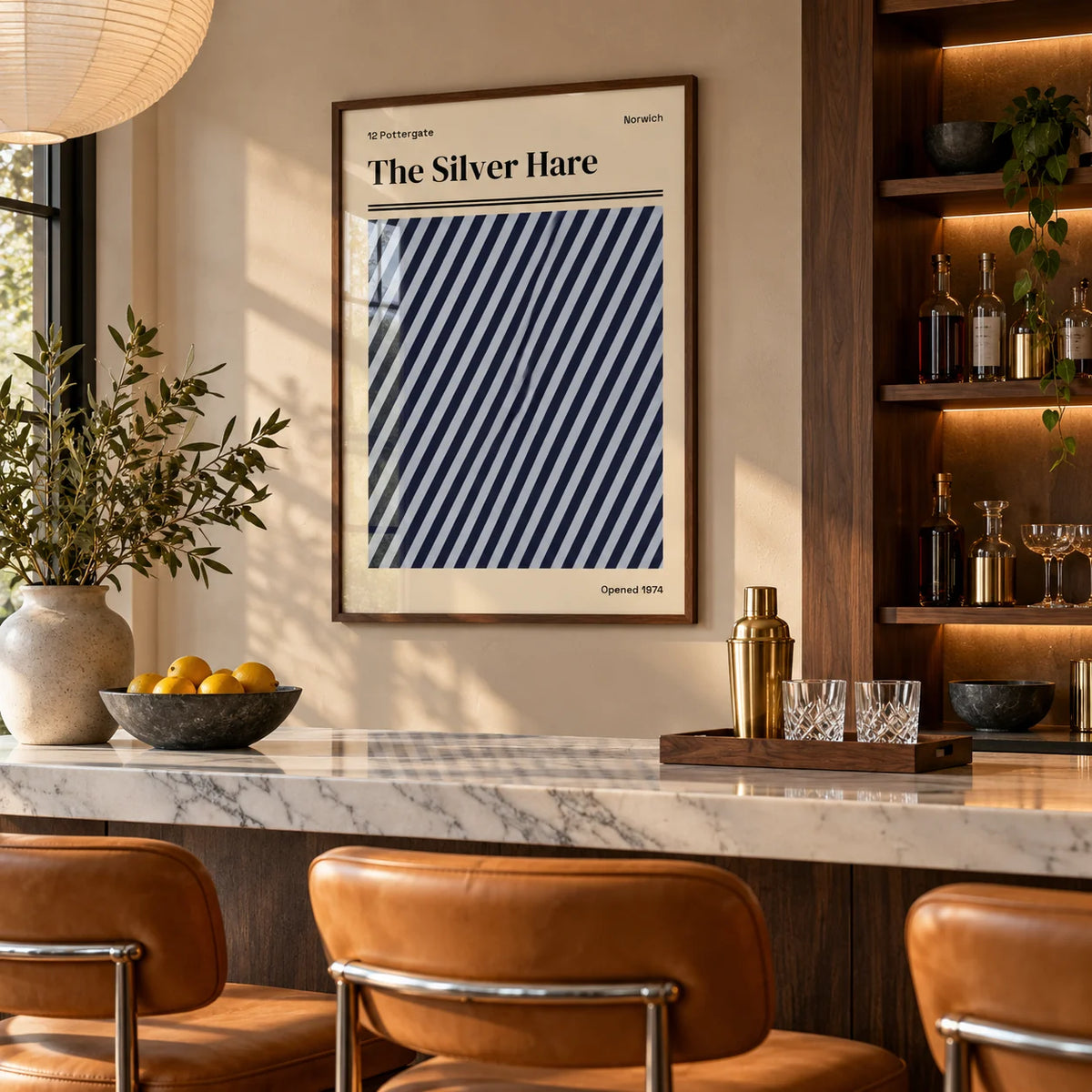 Norwich Print, framed on the wall of a stylish home bar in a living room