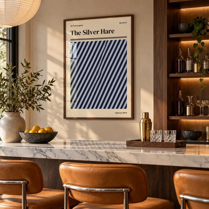 Norwich Print, framed on the wall of a stylish home bar in a living room