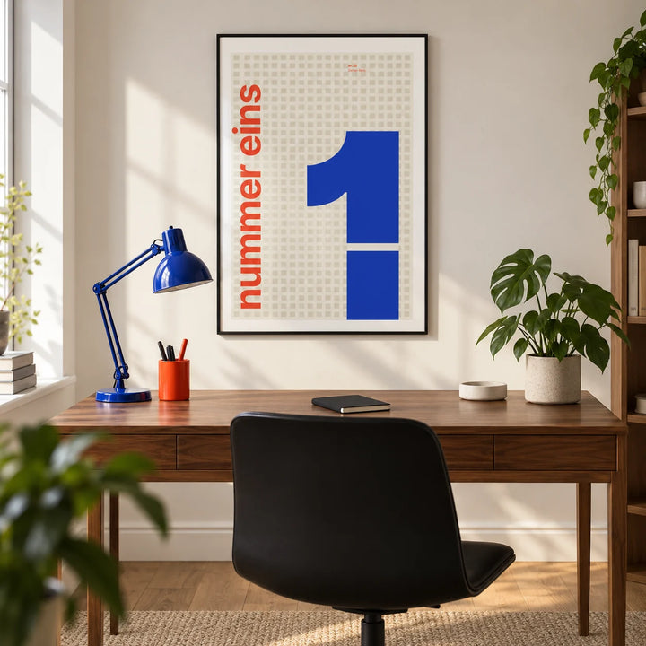 Number 1 Print, framed on the wall of a crisp home office in a design-conscious UK flat with a warm white wall and oak floor