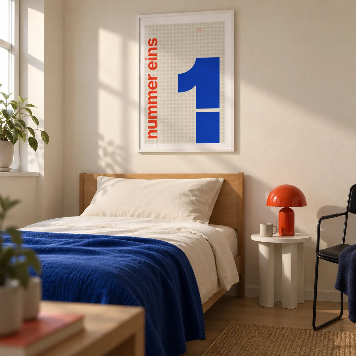 Number 1 Print, framed on the wall of a graphic modern single bedroom for a young adult (18-25) in a UK home with a cream wall