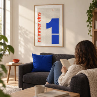 Number 1 Print, framed on the wall of a modern living room in a first flat (22-28) with a cream wall and pale timber floor