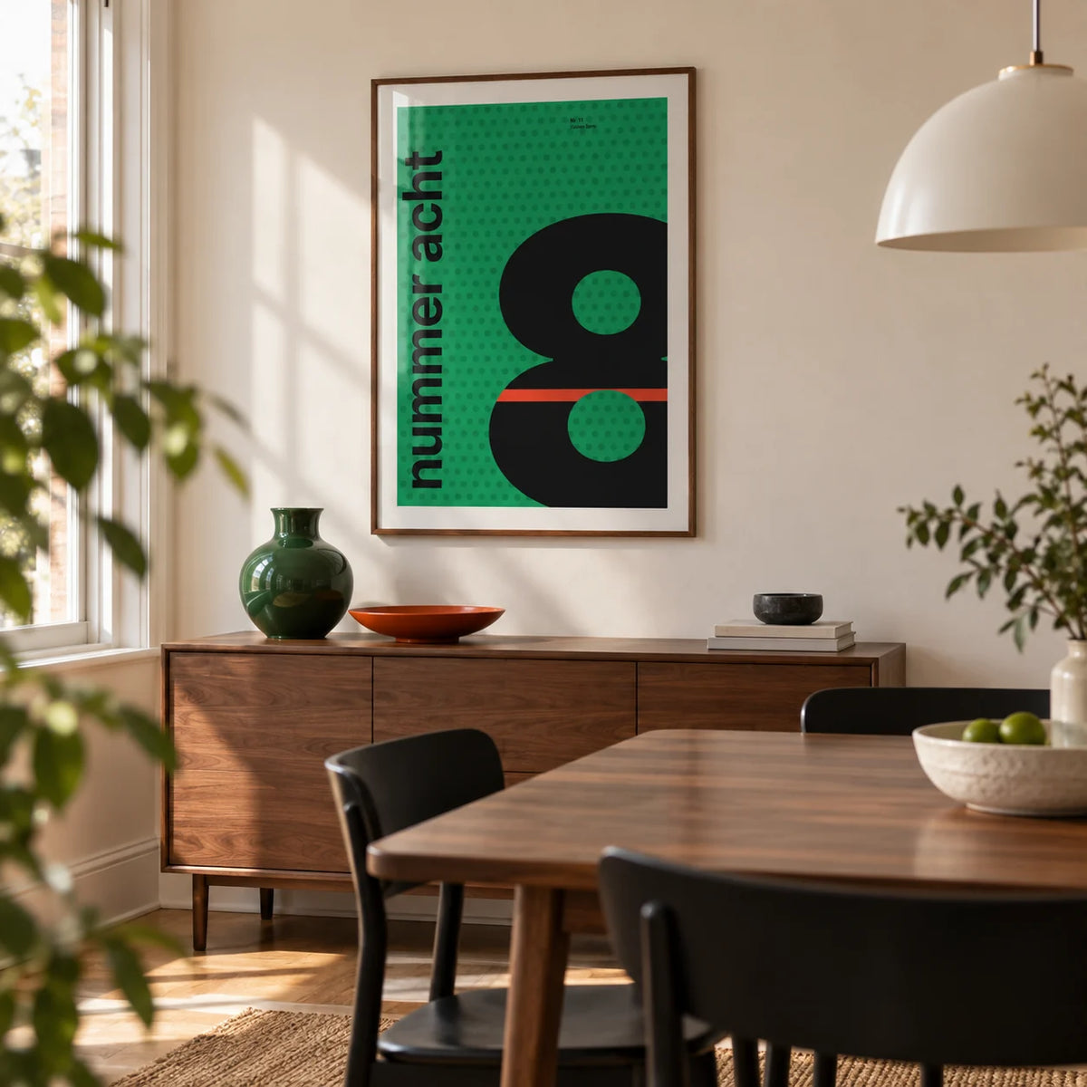 Number 8 Print, framed on the wall of a compact modern dining room in a renovated UK terrace with a warm white wall