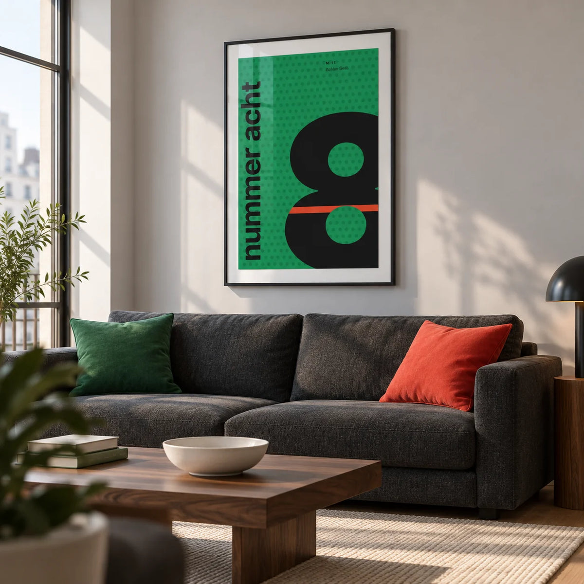 Number 8 Print, framed on the wall of a crisp modern living room in a city flat with a pale grey wall and oak flooring