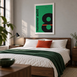 Number 8 Print, framed on the wall of a modern adult bedroom in a UK flat with a pale grey wall and walnut bedside furniture