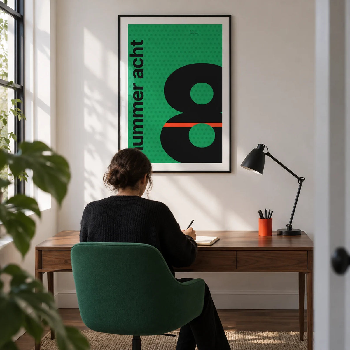 Number 8 Print, framed on the wall of a modern home office in a design-conscious UK flat with a white wall and walnut floor