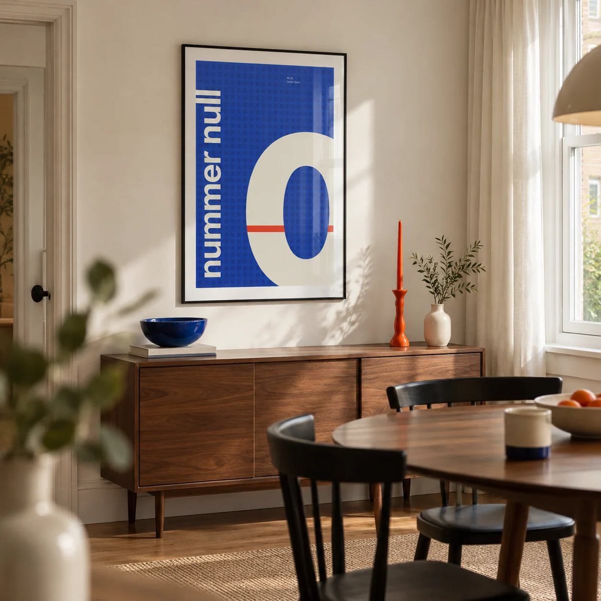 Number Print, framed on the wall of a compact design-led dining room in a UK terraced house with a warm white wall