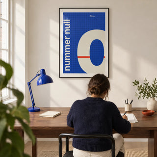 Number Print, framed on the wall of a crisp home design studio in a UK city flat with a warm white wall and pale timber floor in a home office