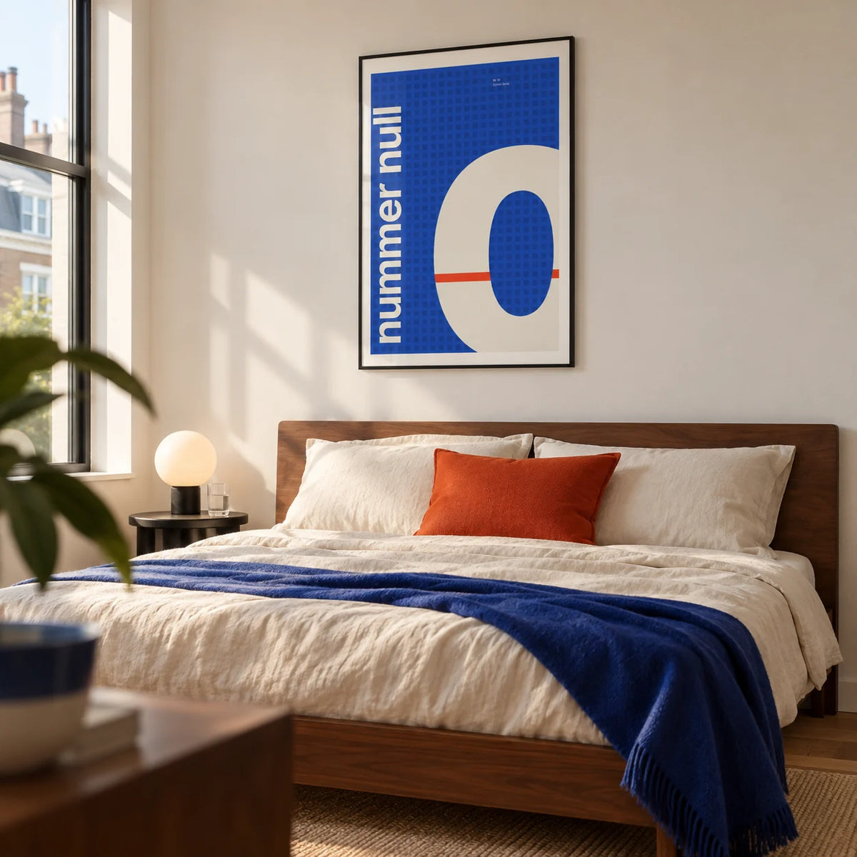 Number Print, framed on the wall of a graphic modern bedroom in a UK city flat with a warm white wall