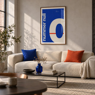 Number Print, framed on the wall of a modern living room in a converted UK warehouse flat with a pale grey plaster wall