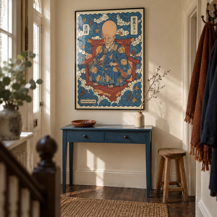 Nurarihyon Wall Art, framed on the wall of a characterful narrow entrance hall in a British terrace with chalky cream walls and dark timber floorboards