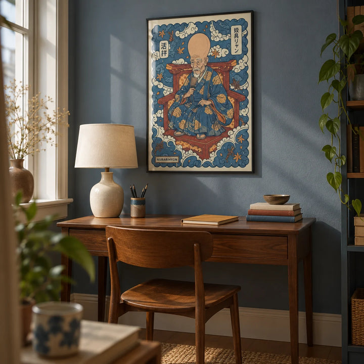 Nurarihyon Wall Art, framed on the wall of a compact study in a design-conscious UK flat with a muted blue wall