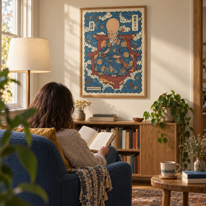 Nurarihyon Wall Art, framed on the wall of a quiet reading corner in a terraced home with a warm cream wall in a living room