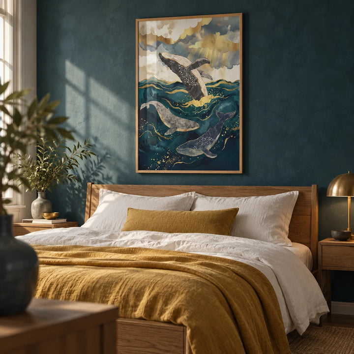 Ocean Art Print, framed on the wall of a calm bedroom with a deep teal limewashed wall