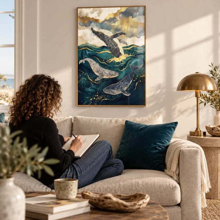 Ocean Art Print, framed on the wall of a coastal living room with a soft white wall