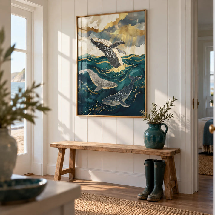 Ocean Art Print, framed on the wall of a seaside house hallway with a white panelled wall