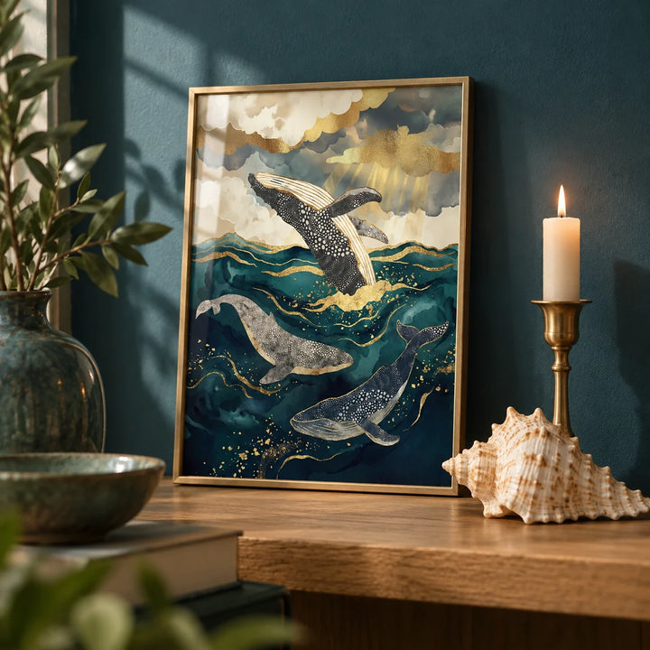 Ocean Art Print, a small A4 framed print leaning on an oak shelf in a living room