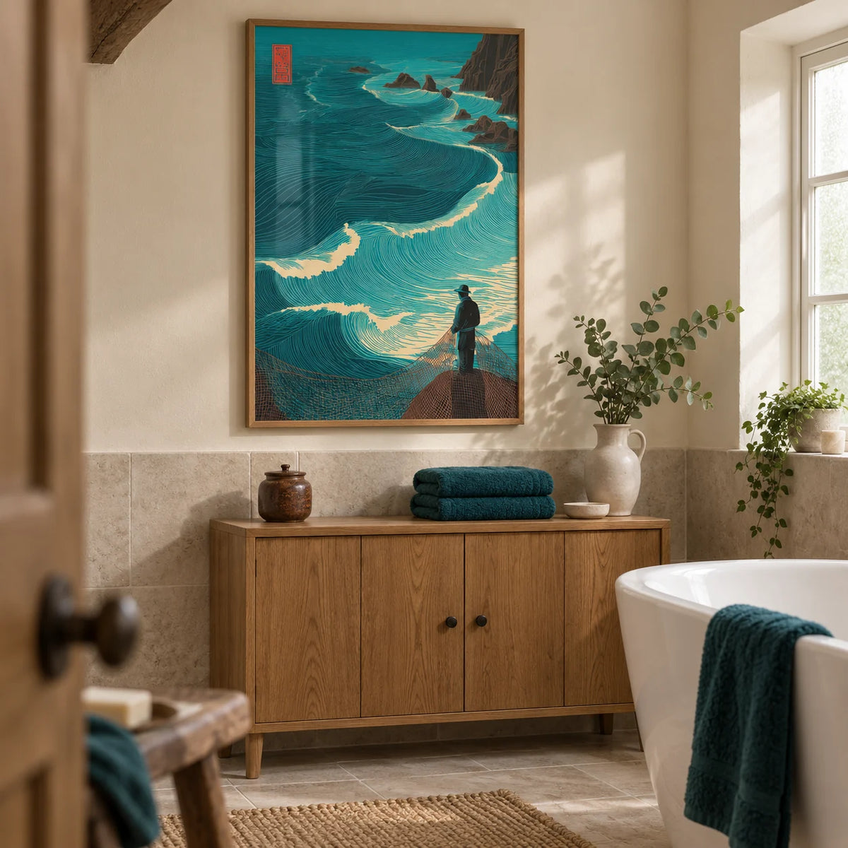 Ocean Fisherman Wall Art, framed on the wall of a calm bathroom in a renovated British cottage with a warm cream upper wall and plain pale stone tiles