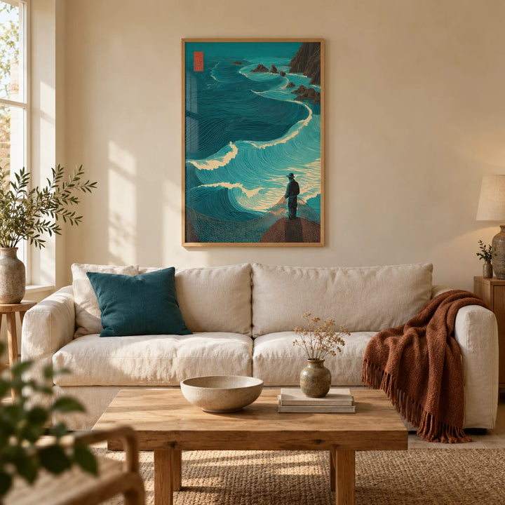 Ocean Fisherman Wall Art, framed on the wall of a calm coastal living room in a British terraced house with warm cream plaster walls and pale oak floorboards