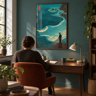 Ocean Fisherman Wall Art, framed on the wall of a quiet home study with a muted teal wall and oak floorboards