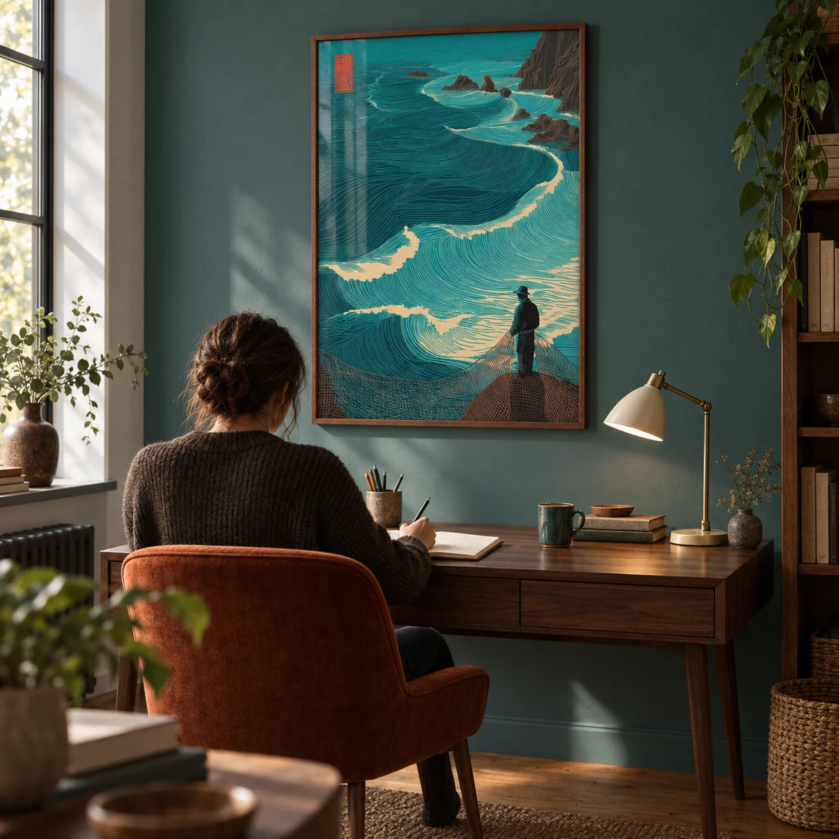 Ocean Fisherman Wall Art, framed on the wall of a quiet home study with a muted teal wall and oak floorboards