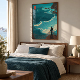 Ocean Fisherman Wall Art, framed on the wall of a quiet main bedroom in a seaside home with a pale warm grey wall and natural linen curtains
