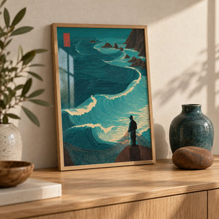 Ocean Fisherman Wall Art, a small A4 framed print leaning on a pale oak sideboard in a living room