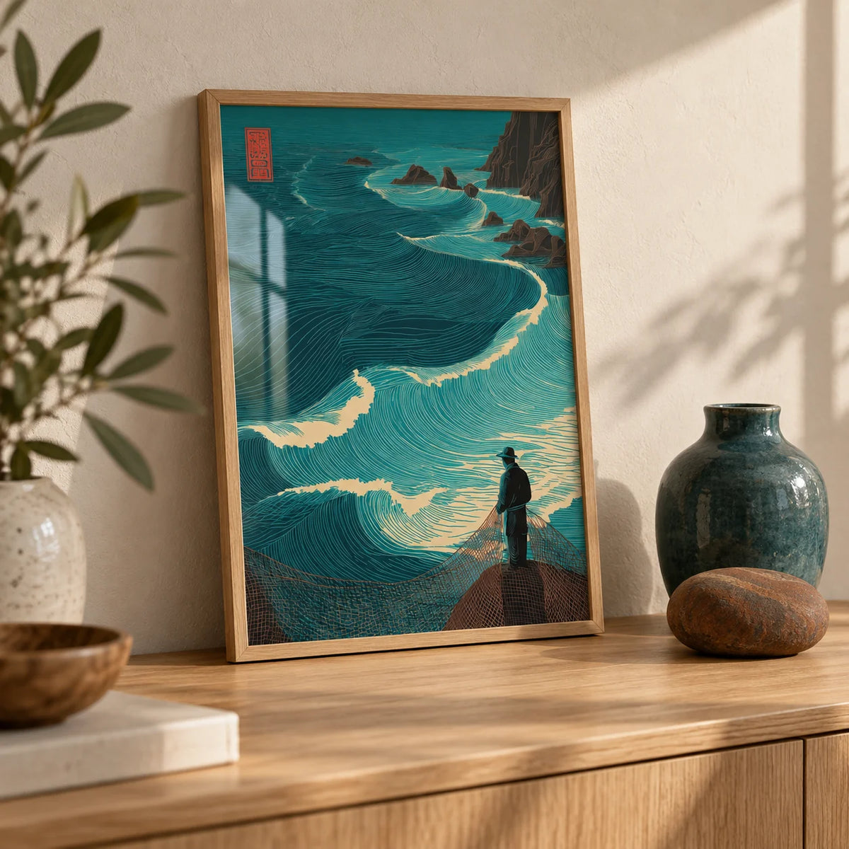 Ocean Fisherman Wall Art, a small A4 framed print leaning on a pale oak sideboard in a living room