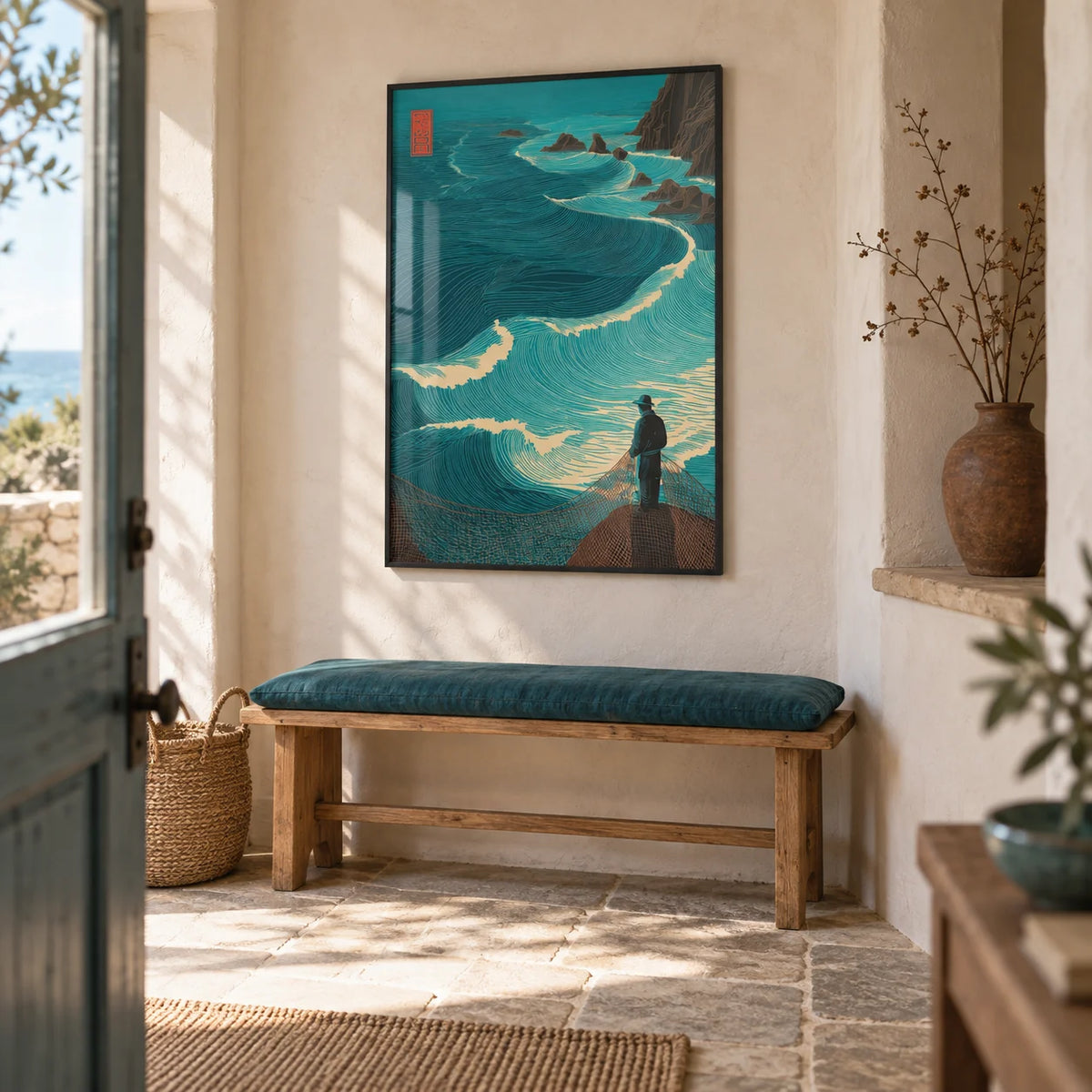 Ocean Fisherman Wall Art, framed on the wall of a welcoming hallway in a modest coastal cottage with cream limewashed walls and worn stone flooring