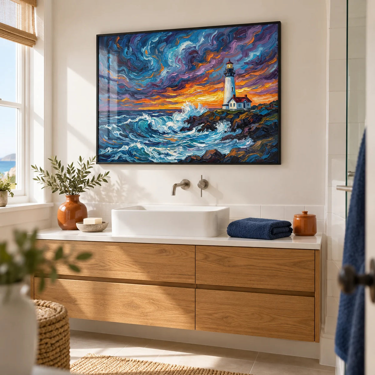 Ocean Landscape Print, framed on the wall of a bright bathroom in a renovated UK seaside home with warm white walls and plain white tiles