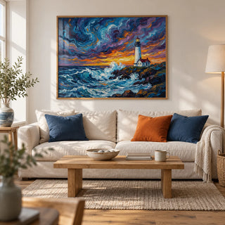 Ocean Landscape Print, framed on the wall of a contemporary coastal living room in a UK terraced house with chalk white walls and an oak floor