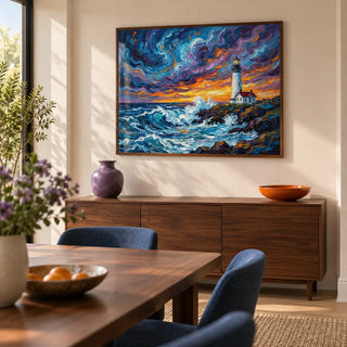 Ocean Landscape Print, framed on the wall of a contemporary dining room in a UK family home with warm white plaster walls and a walnut dining table