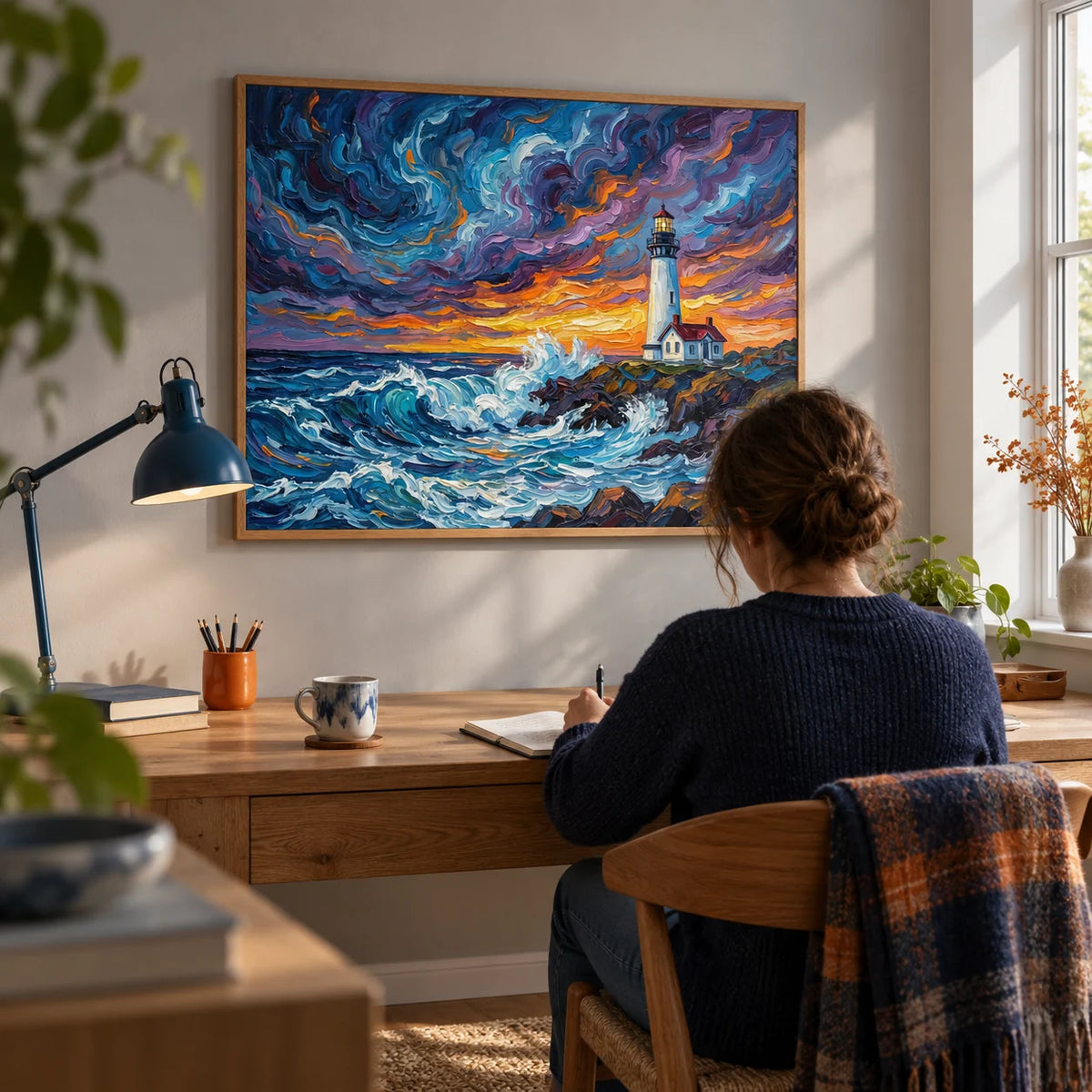 Ocean Landscape Print, framed on the wall of a quiet home study with a pale grey wall and a broad oak desk beside a window